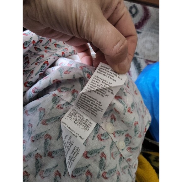 J. Crew 100% Linen Classic Short Sleeve Sz Large Bird Print White Shirt Preppy - Picture 5 of 9